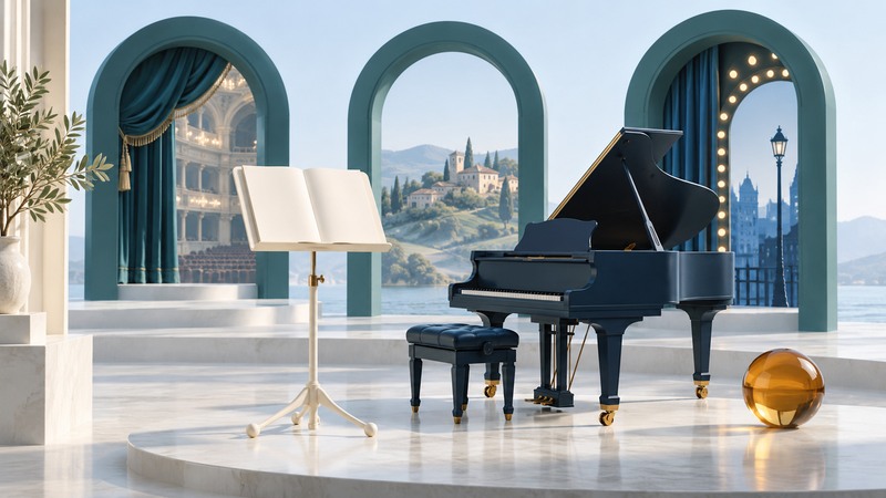 Navy grand piano and ivory music stand beside teal architectural arches.