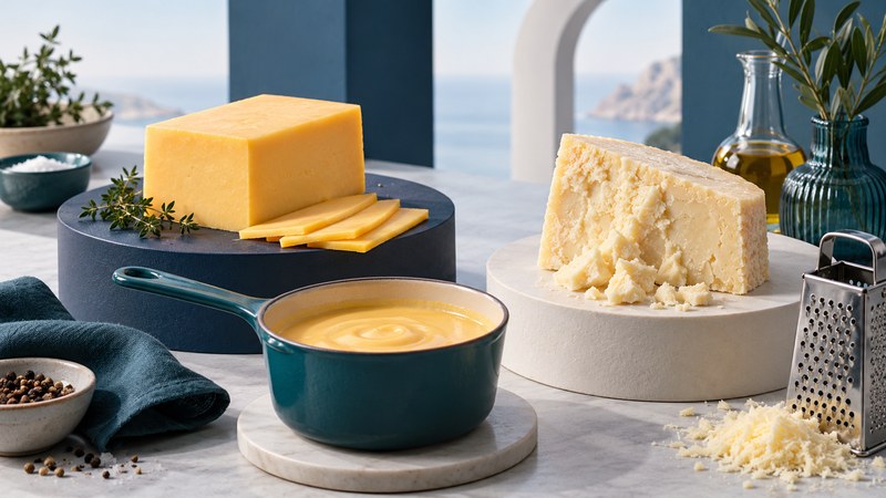 Young golden cheddar slices and a crumbly aged wedge beside a small saucepan of cheese sauce.