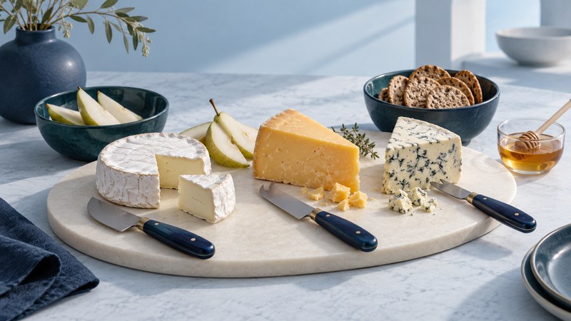Three contrasting cheeses with separate knives, pear slices and crackers on an ivory board.