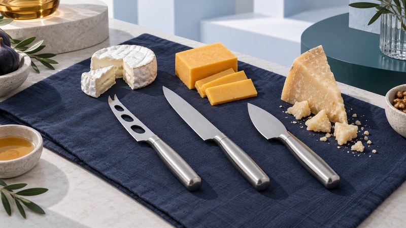 A perforated soft-cheese knife, ordinary straight knife and short hard-cheese knife beside matching cheeses.