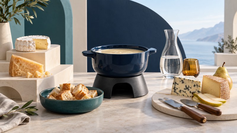 Cheese wedges, a fondue pot and a tasting board on ivory platforms with navy and teal accents.