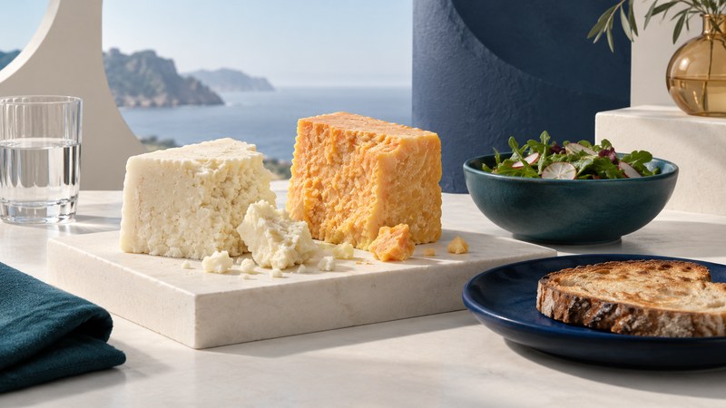 White and pale amber crumbly cheese pieces beside a salad and toast on navy and teal dishes.