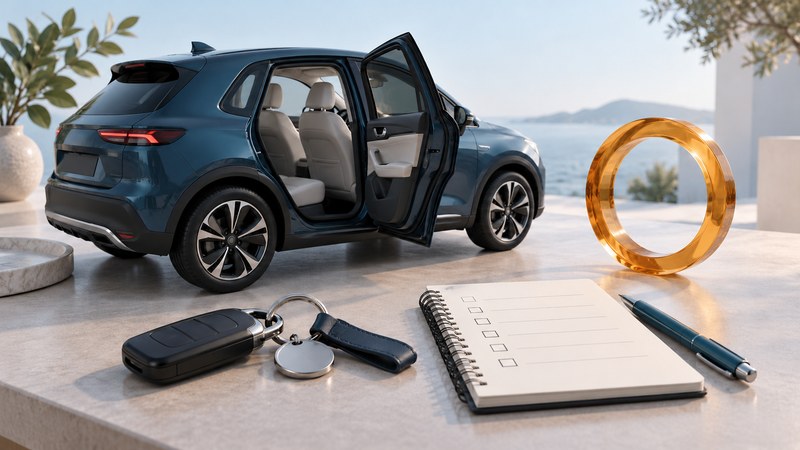 A model car with an open rear door beside keys, a blank checklist, and an amber reminder ring.