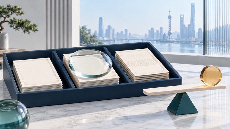 Blank bond-document tiles occupy a navy tray beside a glass lens, an ivory balance beam and an amber marker.
