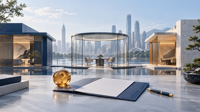 An open research folder faces three distinct meeting spaces beside a Chinese city skyline.