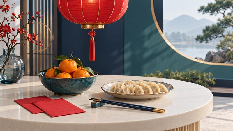 A red lantern above a table with mandarins, dumplings, chopsticks, and plain red envelopes.