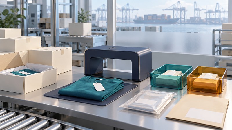 A tagged garment and cartons sit beside an inspection reader, separate trays and shipping records.