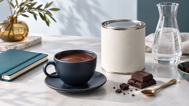 A cup of dark drinking chocolate beside an unbranded tin, chocolate pieces, water and a closed notebook.