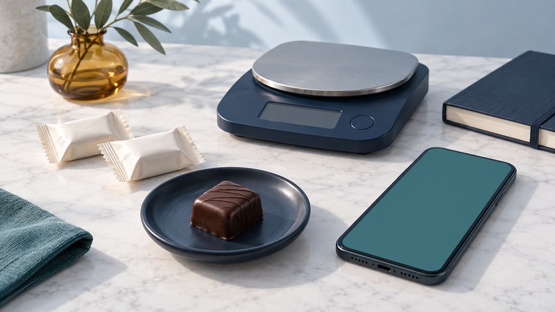 A chocolate and two plain wrappers beside a kitchen scale and smartphone with blank screens.