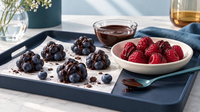Chocolate-bound blueberry clusters on parchment beside raspberries with a chocolate drizzle and a bowl of melted chocolate.