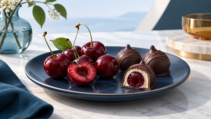 Fresh red cherries and a pitted half beside chocolate confections, including a cut cherry cordial with a pale filling.