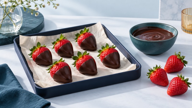 Chocolate-dipped strawberries on a parchment-lined navy tray beside fresh berries and a bowl of chocolate.