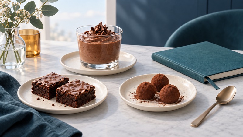 Chocolate mousse, brownie squares and cocoa-dusted truffles on separate plates beside a teal recipe notebook.