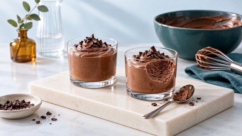 Two glasses of chocolate mousse with a conceptual exposed airy center, beside a spoon and mixing bowl.