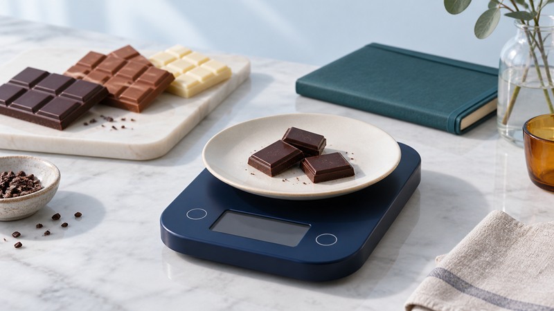 A few chocolate pieces on a kitchen scale with dark, milk and white bars behind it.