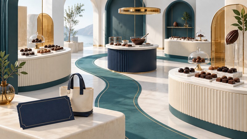 A conceptual chocolate exhibition with tasting counters, a curved teal route, a blank admission card and a tote.