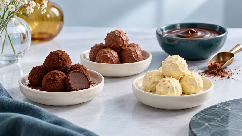 Dark, milk and white chocolate truffles in small bowls, with one dark truffle cut open to show its center.