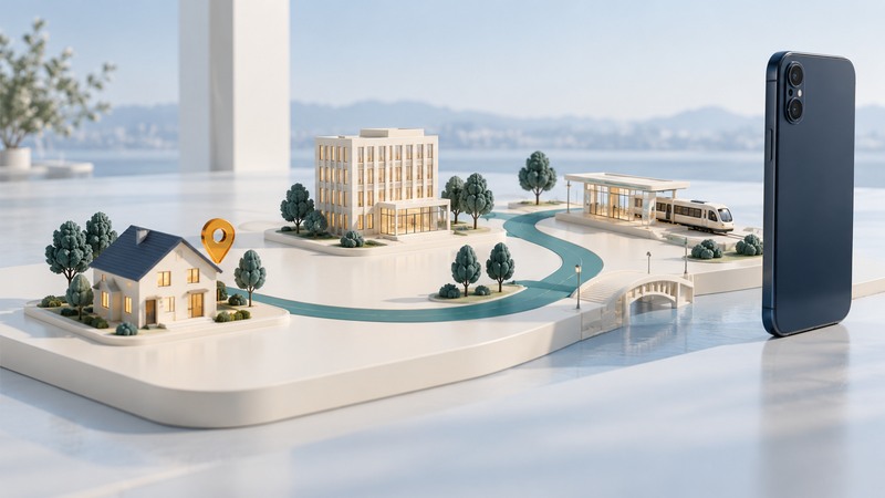 A miniature house, office, and train station along a teal path beside a navy smartphone.