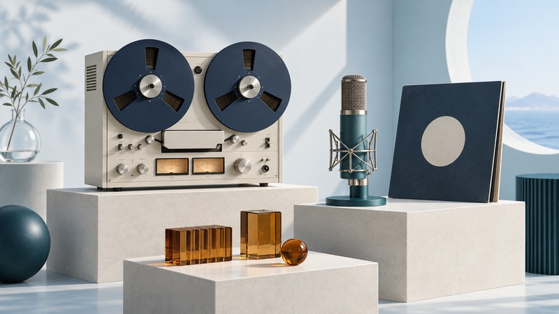 Ivory reel-to-reel recorder with navy reels beside a teal microphone, record sleeve, and amber glass blocks.
