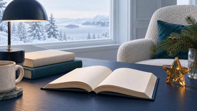 Open blank book, clothbound volumes and an amber star beneath a navy reading lamp.