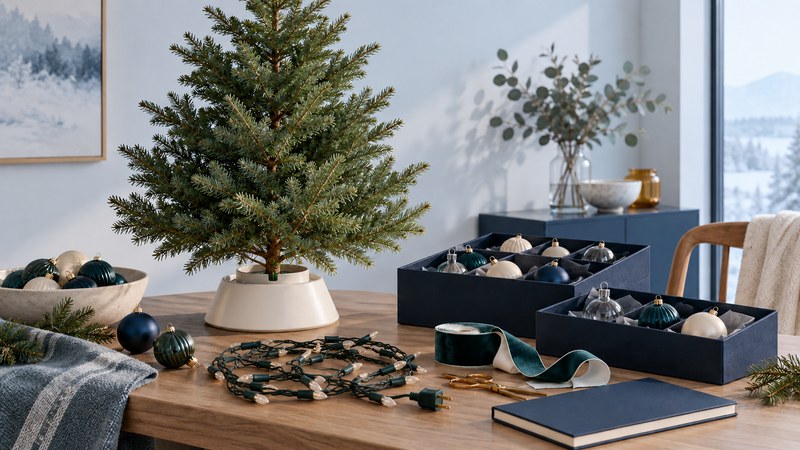 Evergreen in a broad stand beside unplugged lights, ribbon and divided ornament boxes.
