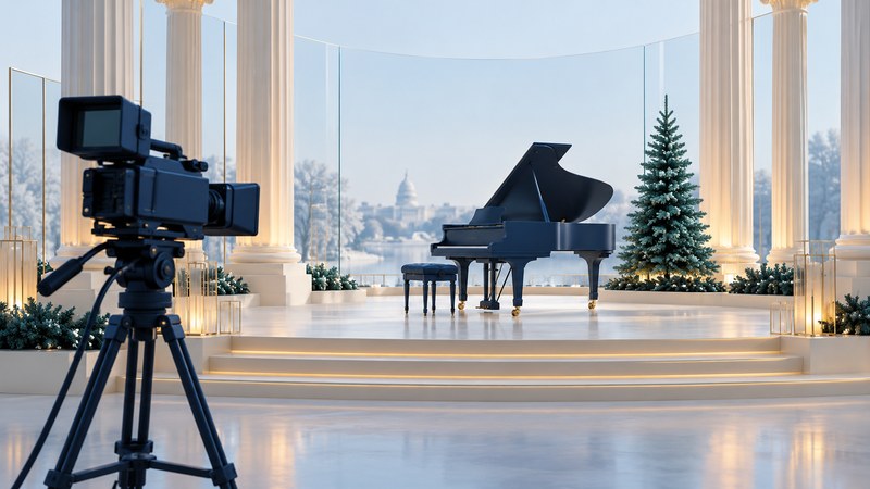 Navy television camera faces a grand piano and evergreen on an ivory columned stage.
