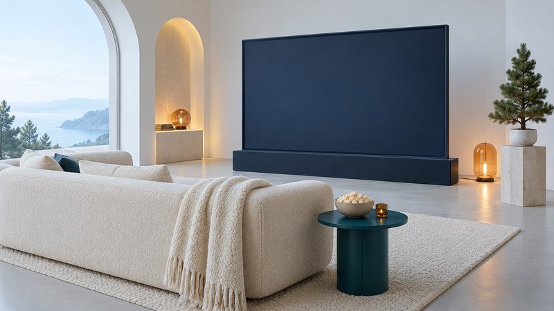 Ivory sofa faces a blank navy cinema screen beside a small evergreen and popcorn table.