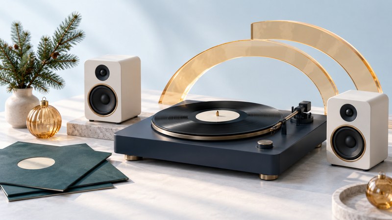 Navy turntable, two ivory speakers and blank record sleeves with amber musical arcs.