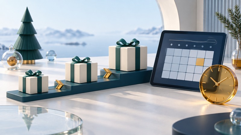 Ivory gift parcels follow a teal stepped path beside a calendar tablet and an amber clock.
