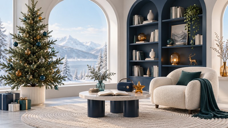 Evergreen tree, open book, small music speaker and ivory chair in a winter reading room.