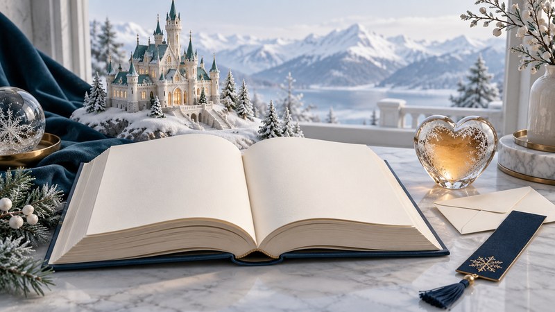 Open blank book beside a miniature winter palace, frosted glass heart and envelope.