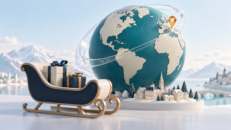 Model sleigh beside a teal globe, miniature rooftops and a conceptual glass journey arc.