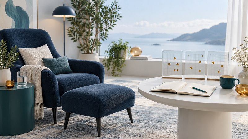 A navy chair and footrest beside an open notebook and three glass calendar panels with amber markers.