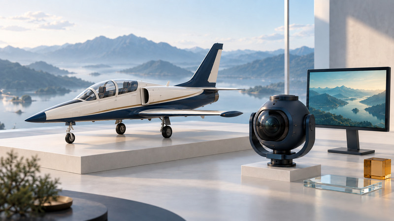 An ivory and navy jet-trainer model stands beside a separate stabilized camera and mountain preview screen.