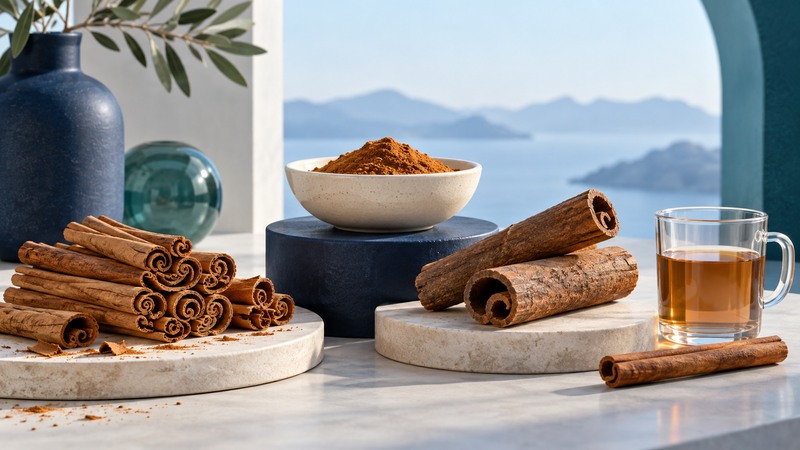 Thin cinnamon quills and thicker bark rolls beside ground cinnamon and a glass mug.