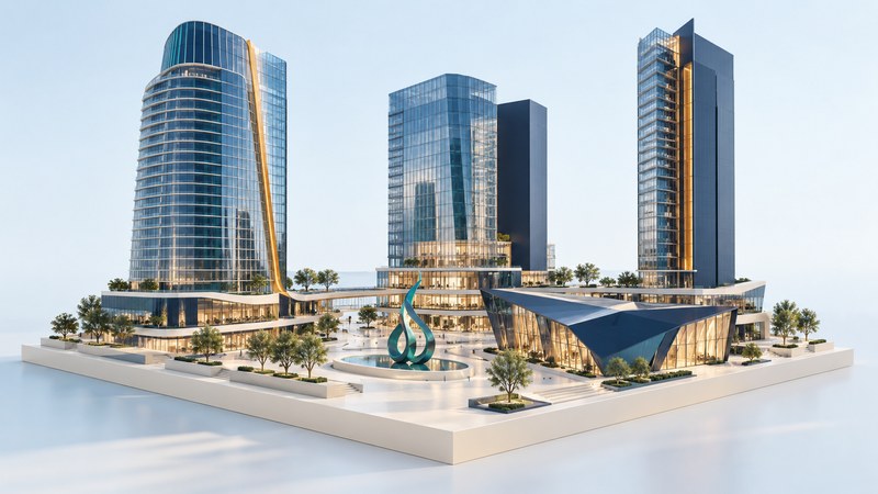 Conceptual glass towers, pavilion and public sculpture