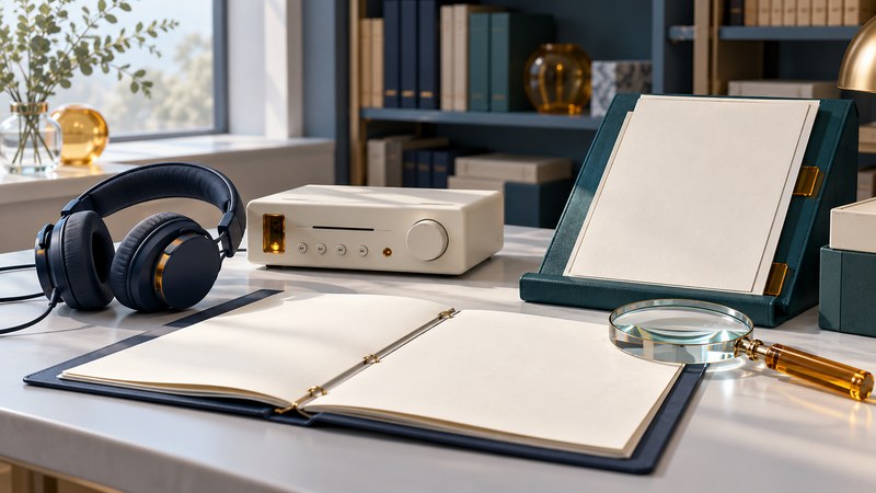 Headphones and an audio player sit beside an open transcript folder, a document stand and a magnifying glass.