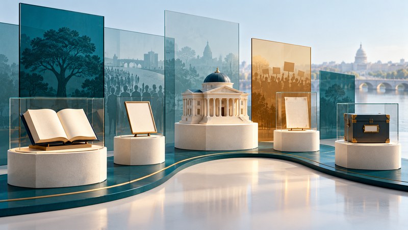 Books, documents, a civic building and an archive box form a conceptual history exhibition along a teal path.