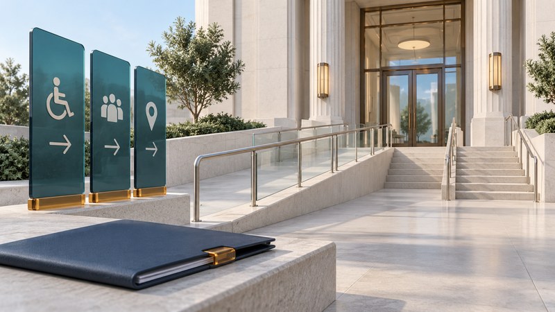 A civic building entrance has a ramp and stairs beside teal wayfinding panels and a navy folder.