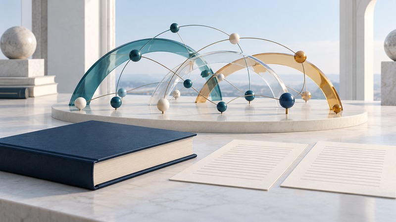 A closed book and papers sit beside overlapping glass arcs and separate nodes on a calm editorial display.