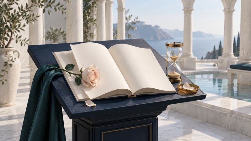 An open ivory book, pale rose, and hourglass on a navy lectern.