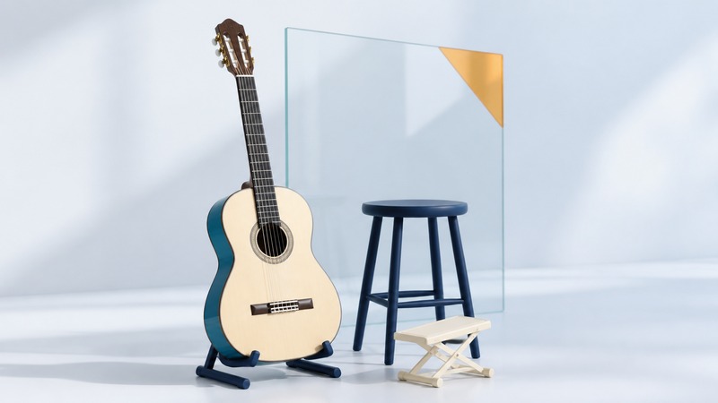 Six-string classical guitar with ivory soundboard and teal sides beside a navy stool and ivory footrest.