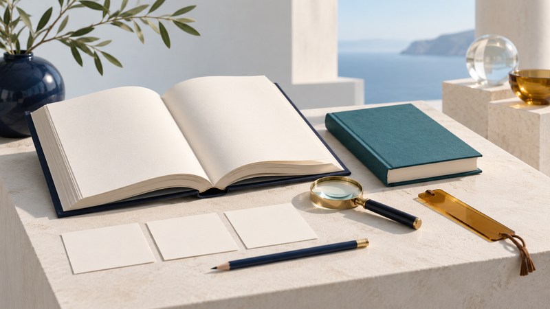 An open book, smaller study guide, blank note cards, magnifying glass and pencil.