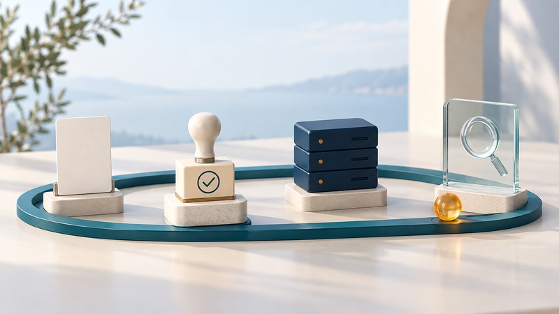 Four stations for a request, approval, server change and inspection connected by a teal loop, with an amber verification token.