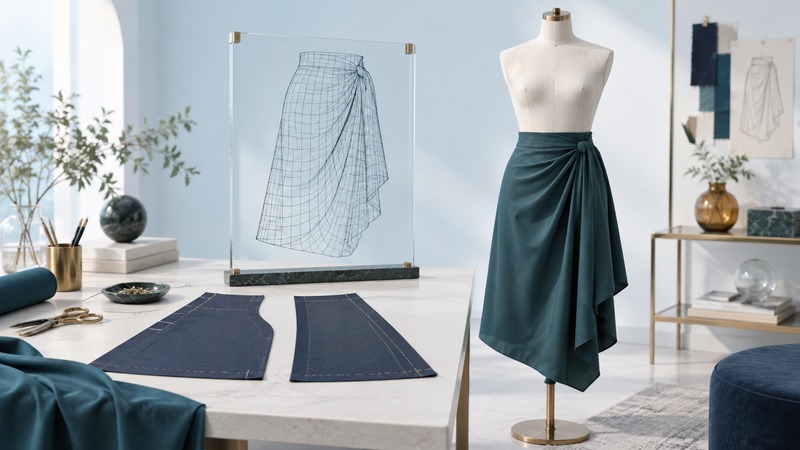 An ivory dress form wears a teal skirt beside a glass wire-grid silhouette and flat pattern pieces.