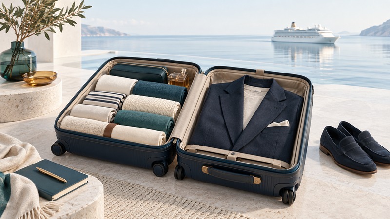 An open suitcase holds coordinated casual layers and a folded navy jacket, with loafers and a distant ship.
