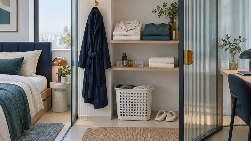 A navy robe hangs beside folded sleepwear and a teal sweatshirt above a ventilated laundry basket.