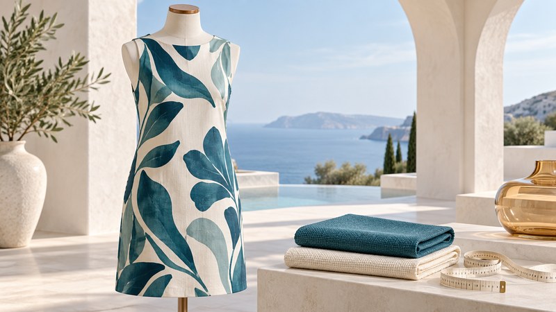 An ivory shift dress with an original teal botanical print stands beside fabric swatches and a measuring tape.