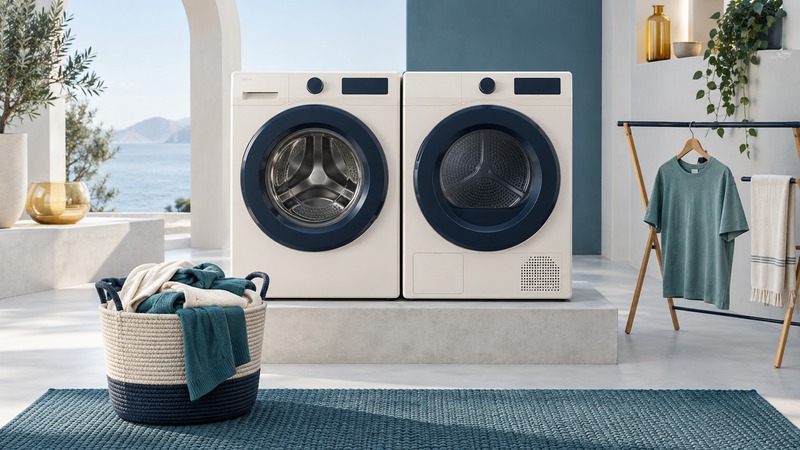 An ivory washer and dryer sit beside sorted clothing and a small drying rack.