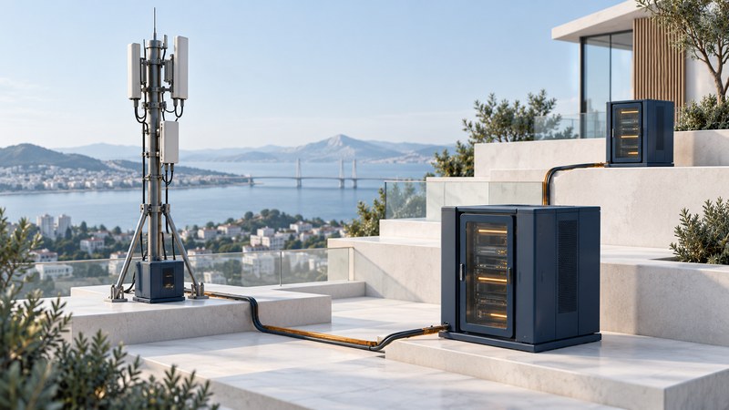 Radio mast connected to separate compute cabinets on stepped architectural platforms.